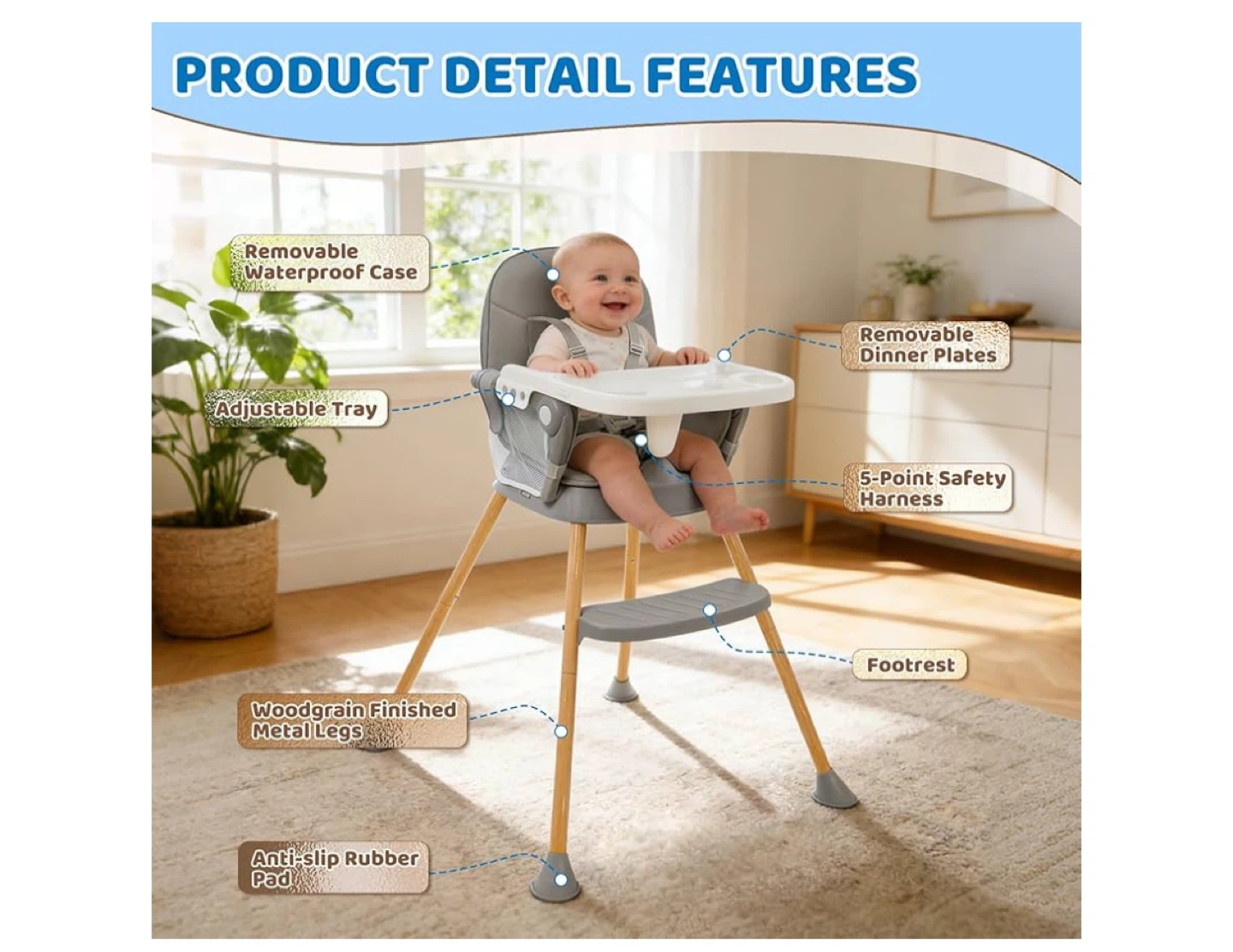 Adjustable Baby High Chair with Removable Tray and Bib - photo 4