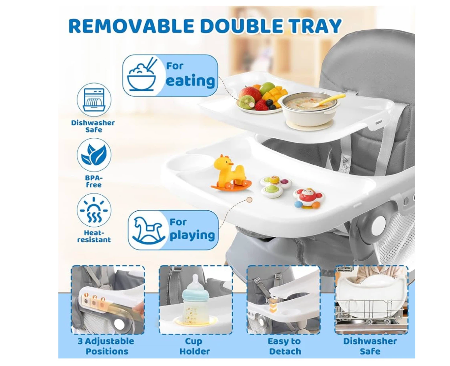 Adjustable Baby High Chair with Removable Tray and Bib - photo 5