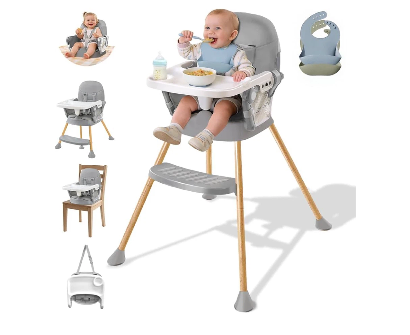 Adjustable Baby High Chair with Removable Tray and Bib