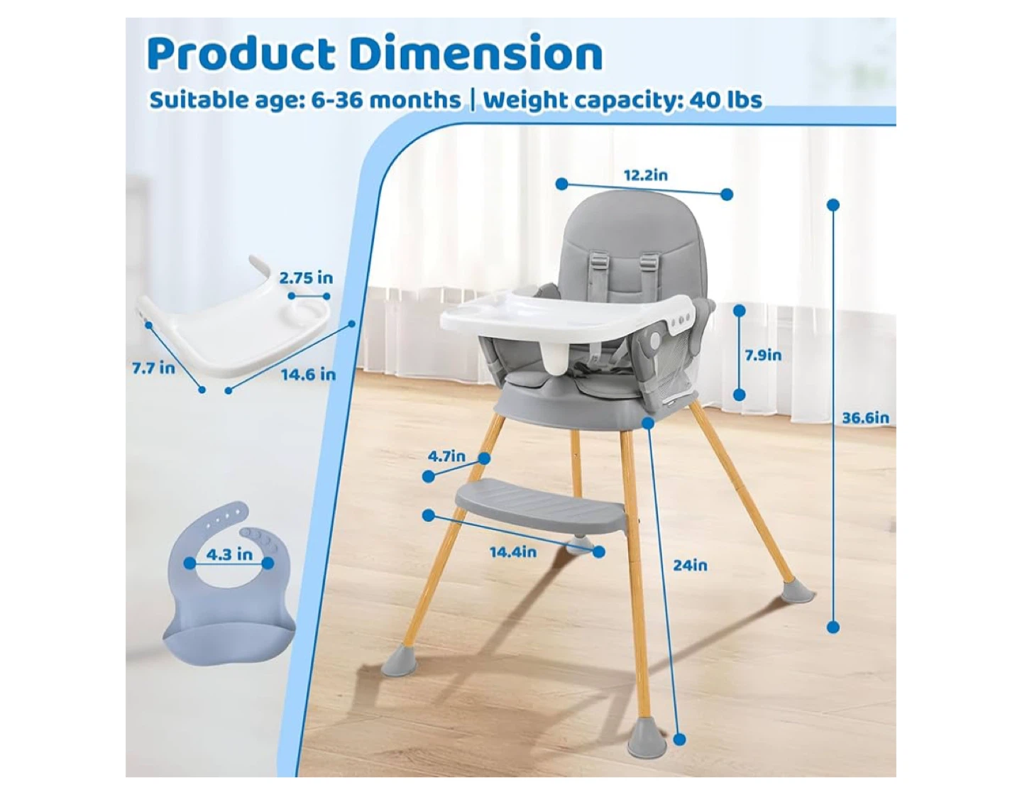 Adjustable Baby High Chair with Removable Tray and Bib - photo 2