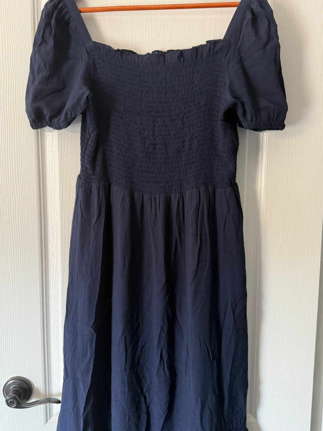 Navy Smocked Puff Sleeve Midi Dress 👗 size 12