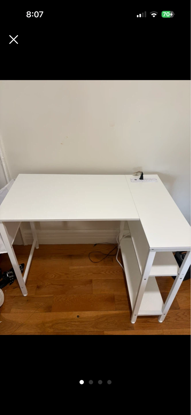 White L-Shaped Desk with Shelving and Pink Office Chair - photo 2