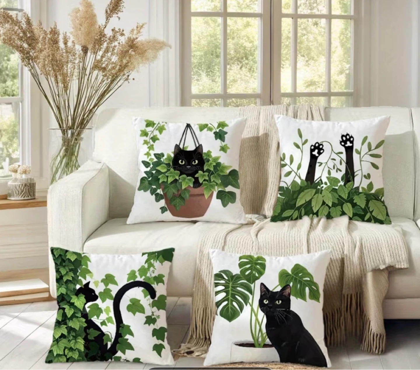 Set of 4 Black Cat Throw Pillow Covers