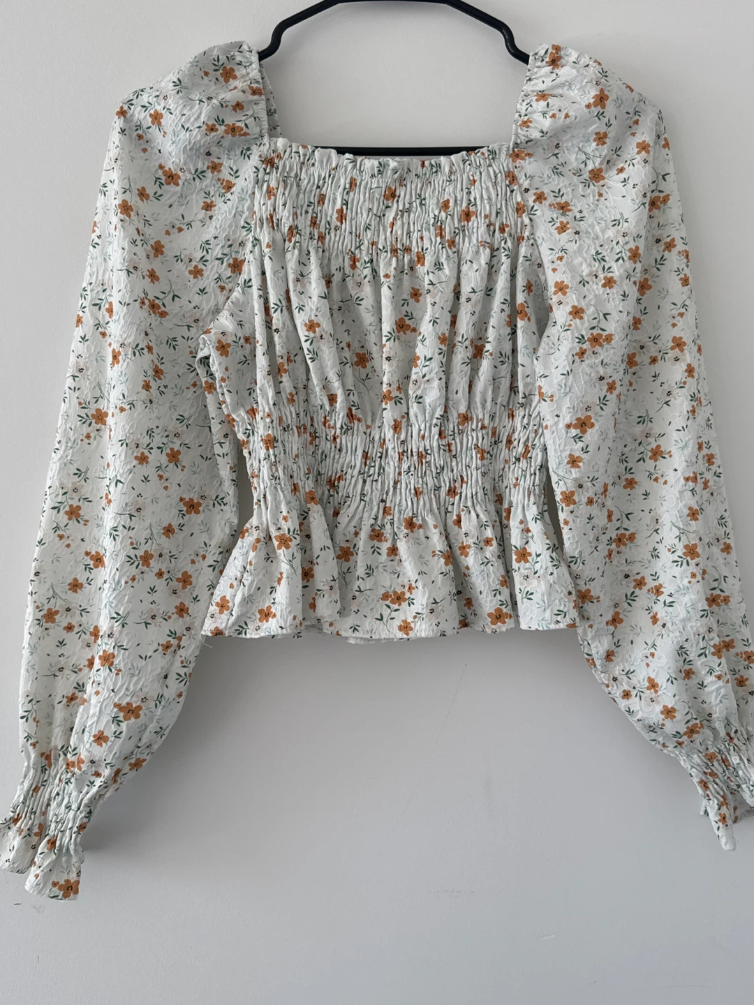 White Floral Smocked Square Neck Blouse - photo 3