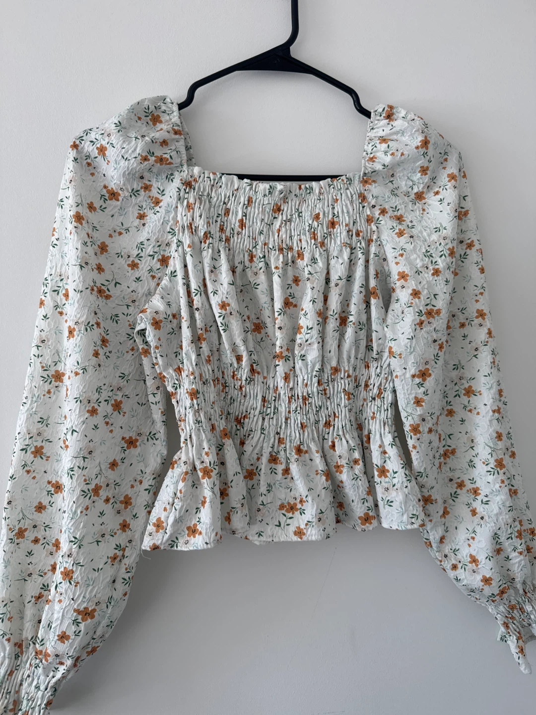 White Floral Smocked Square Neck Blouse - photo 2