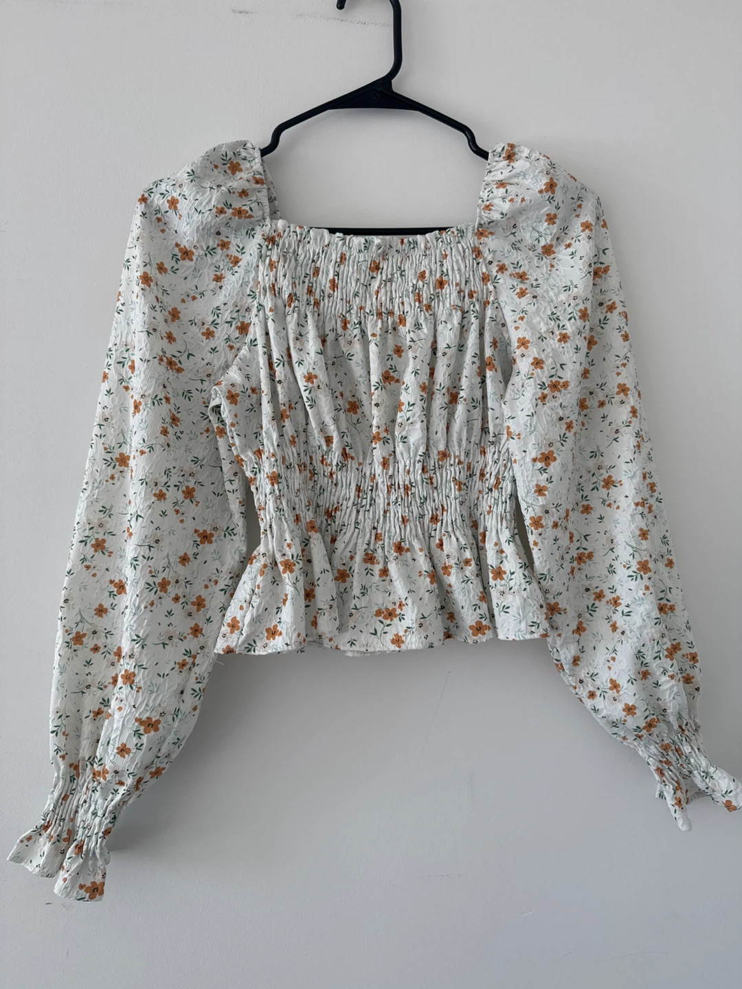 White Floral Smocked Square Neck Blouse