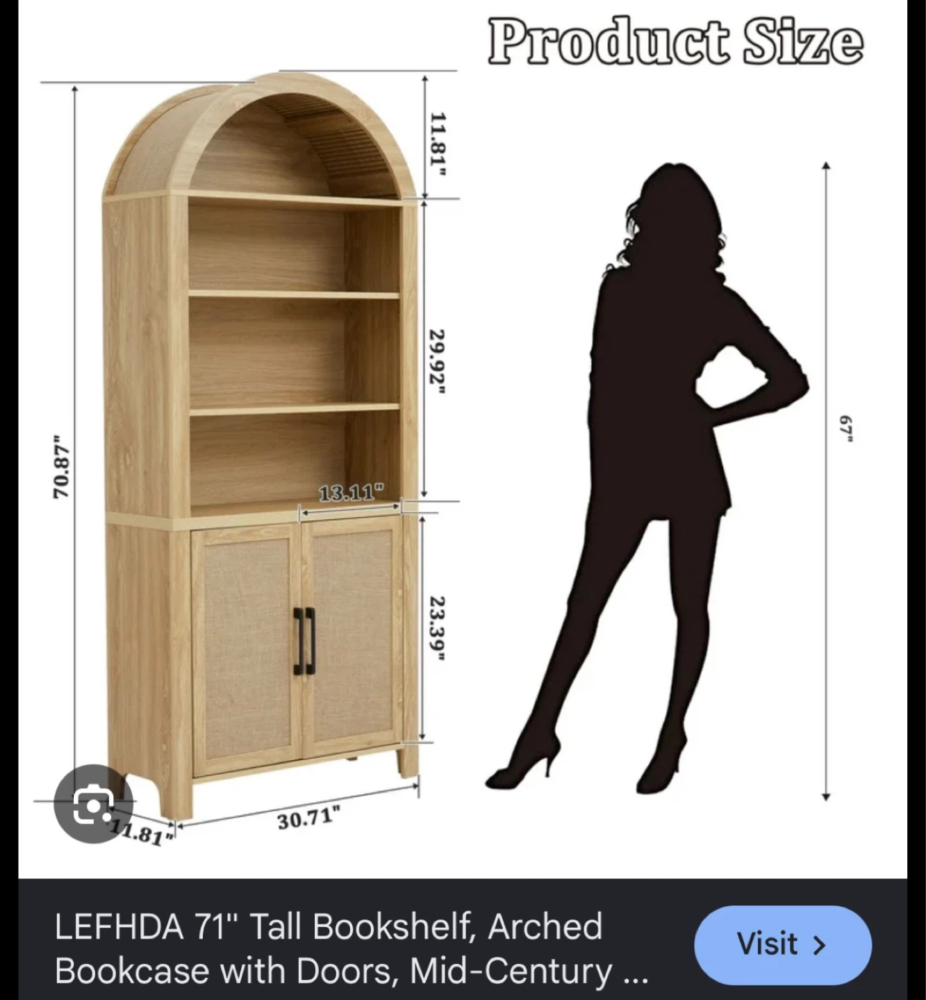 LEFHDA 71" Tall Bookshelf, Arched Bookcase with Doors - photo 2