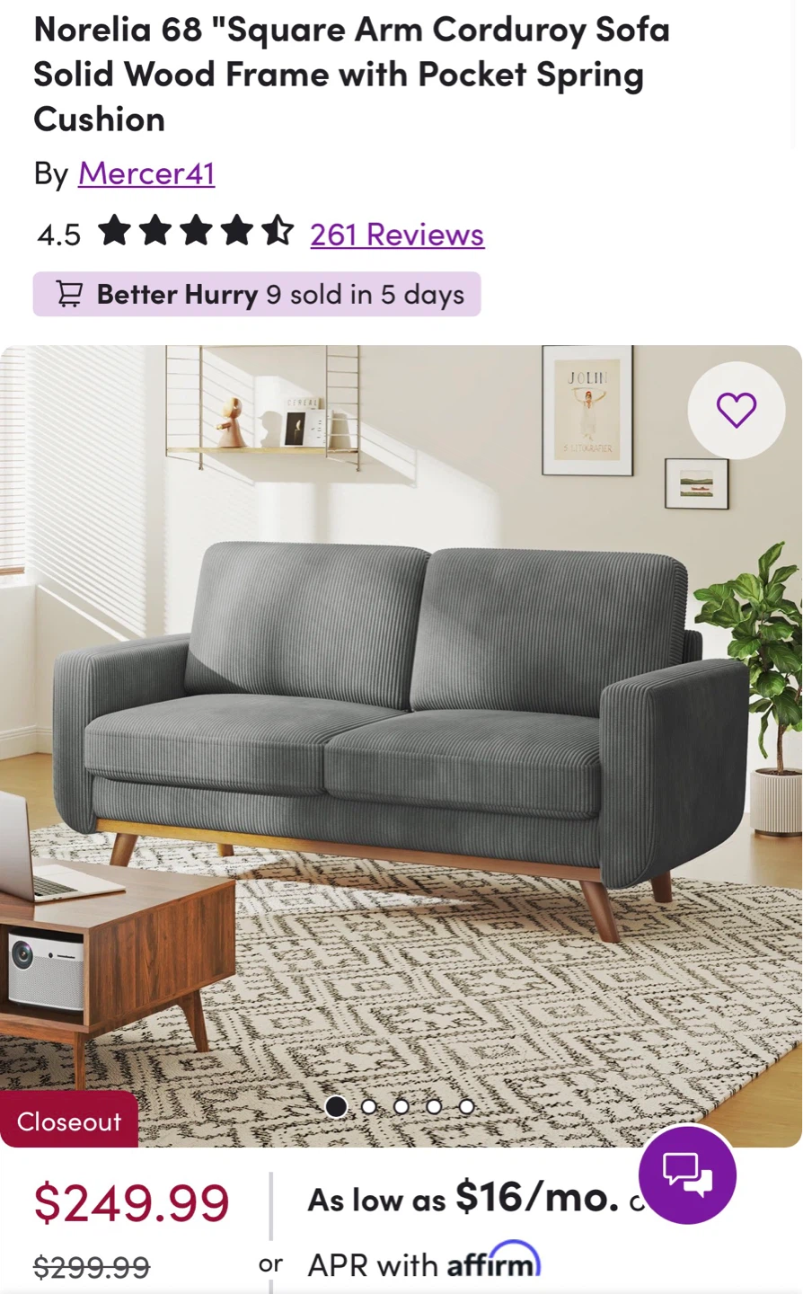 Grey Velvet Wayfair Couch - photo 3