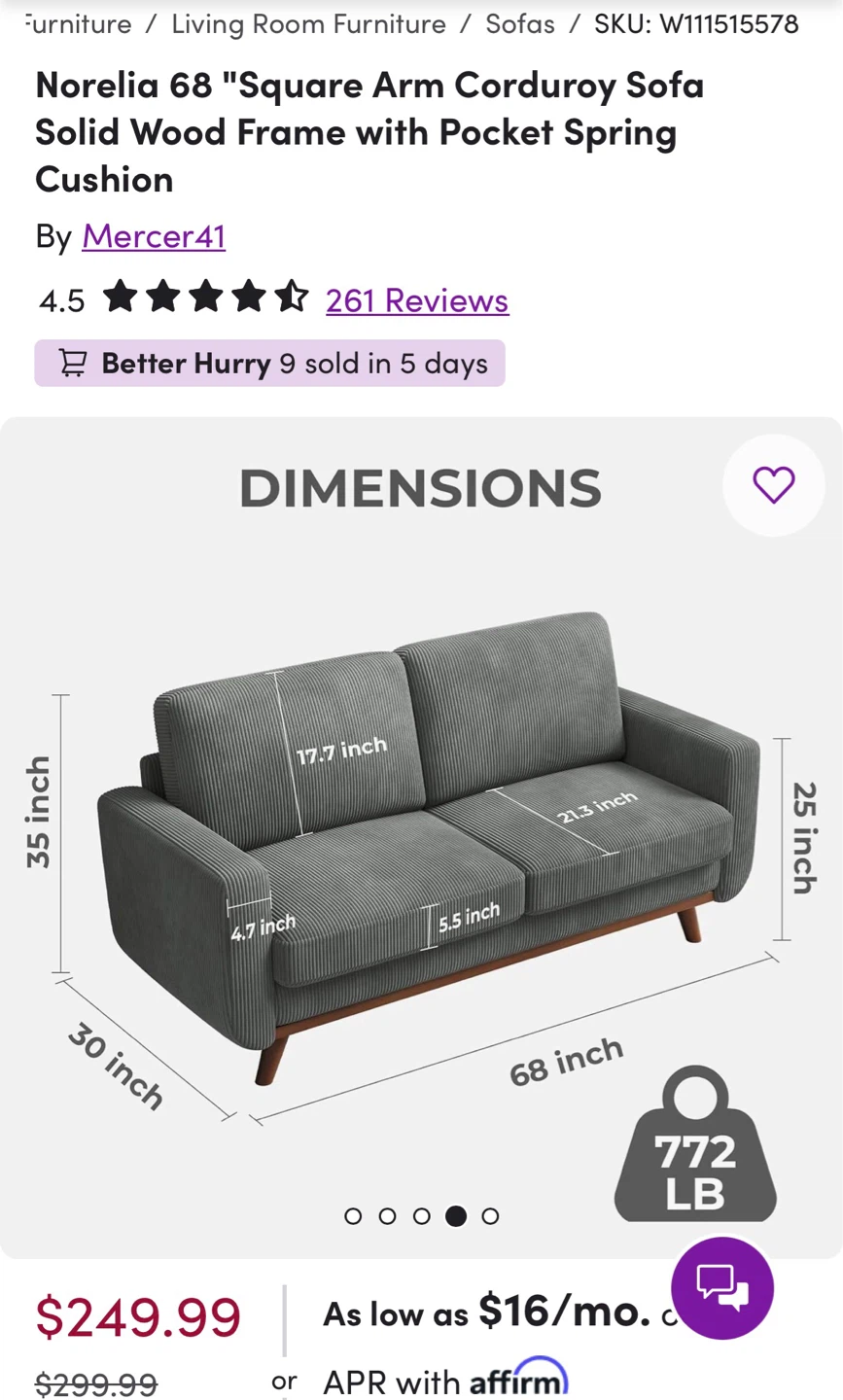 Grey Velvet Wayfair Couch - photo 4