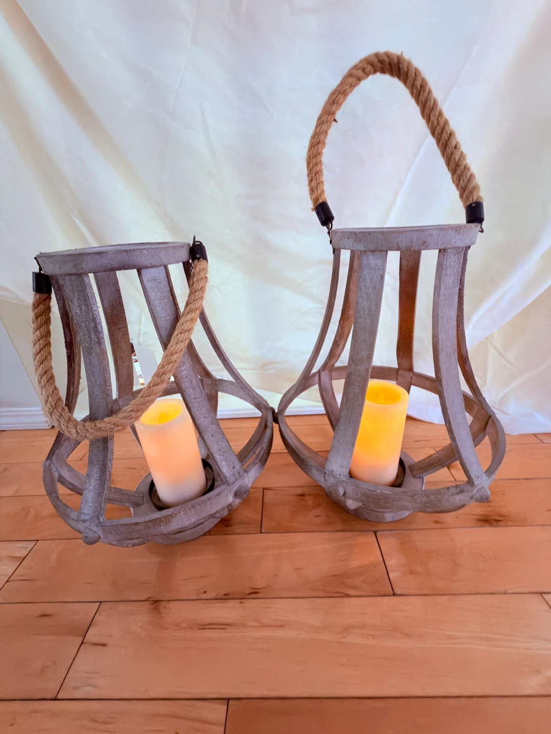 Pair of Rustic Wood Lanterns with LED Candles