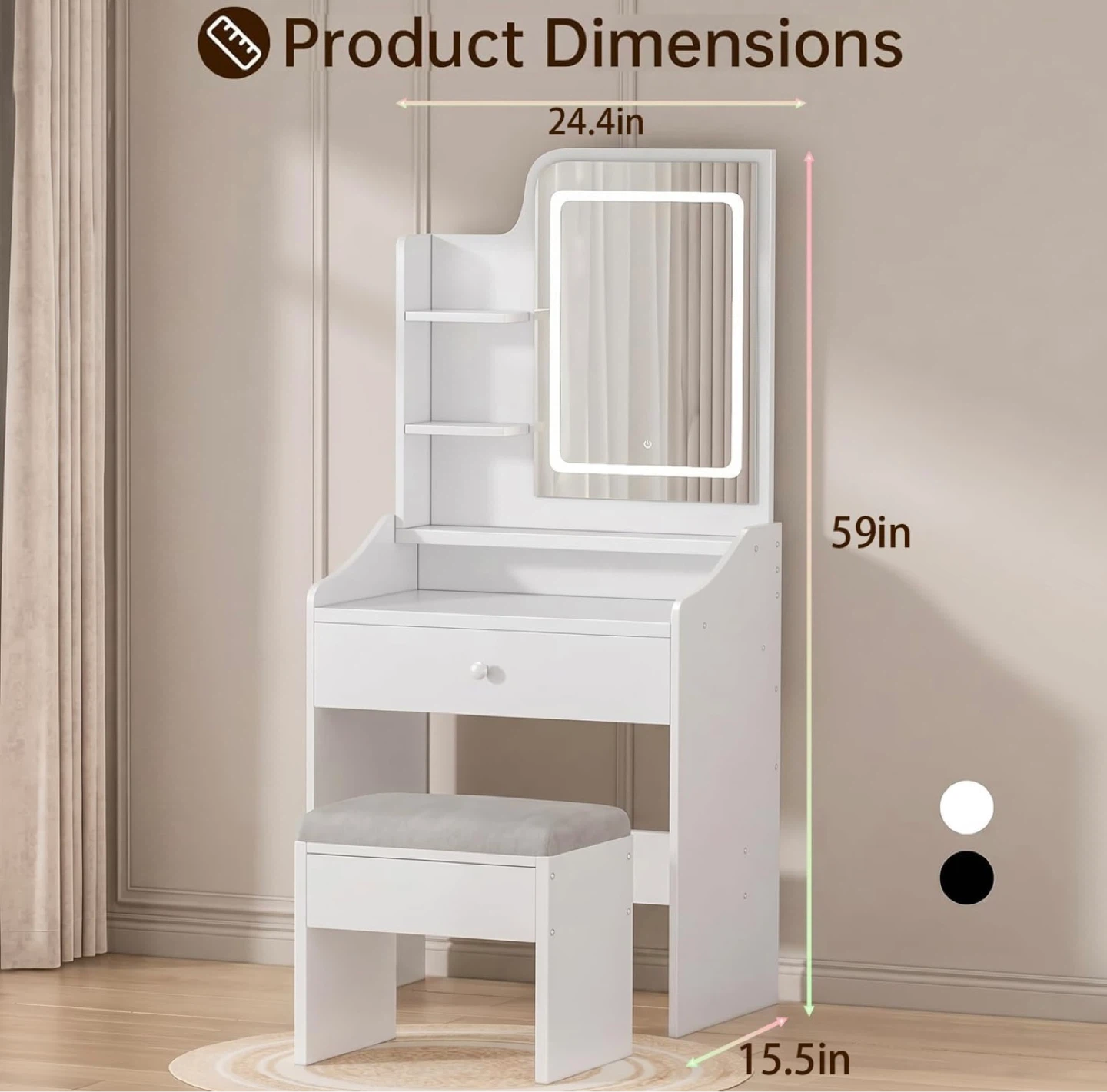 White Vanity Table with LED Mirror and Stool