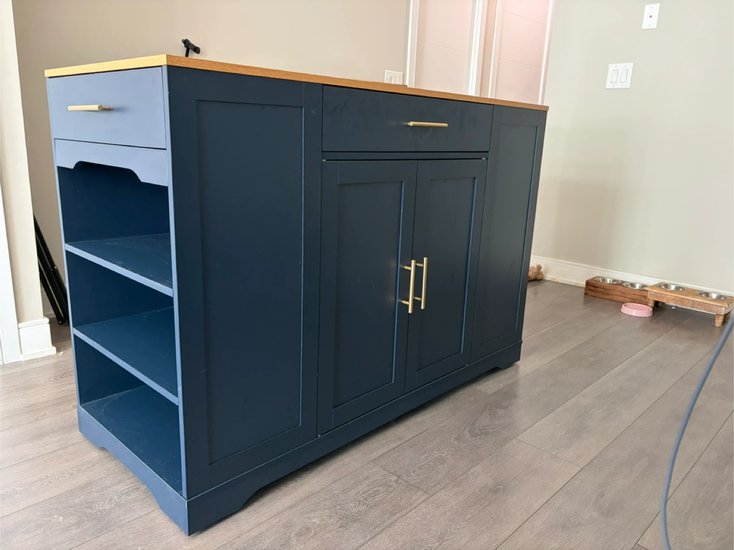Navy Blue Kitchen Island with Wood Top