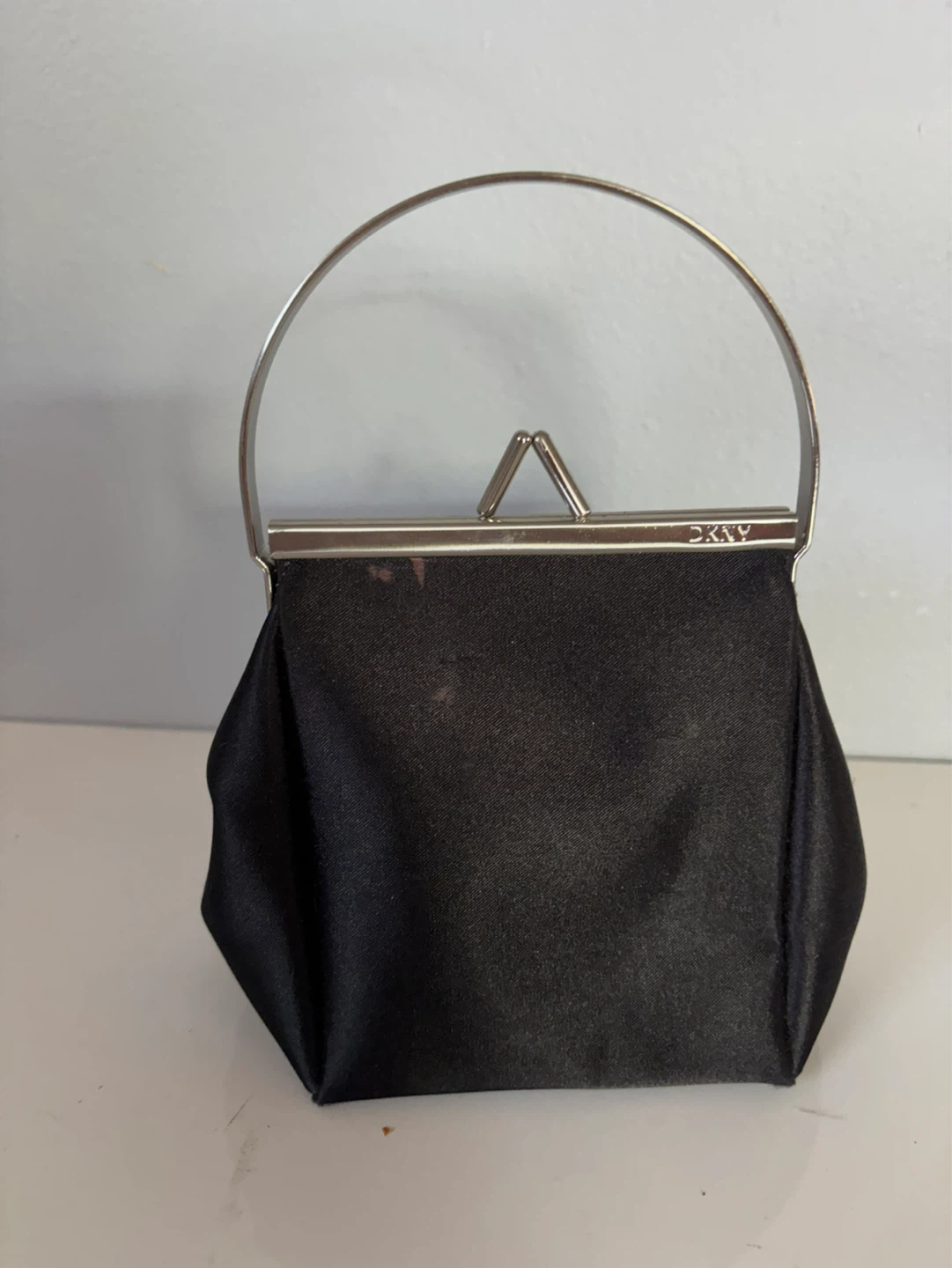 DKNY Black Satin Evening Bag with Metal Handle