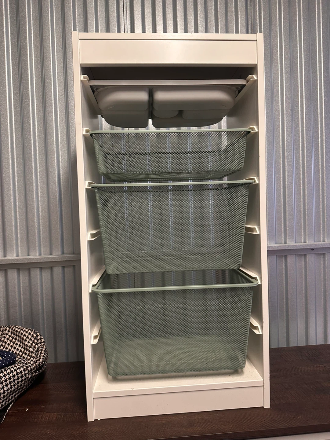 White Storage Unit with 3 Green Baskets and 2 Top Trays