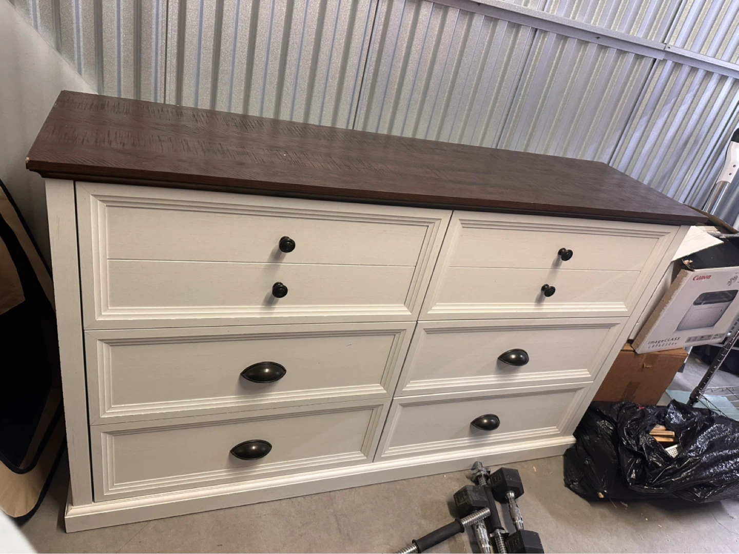 White Six Drawer Dresser with Dark Wood Top