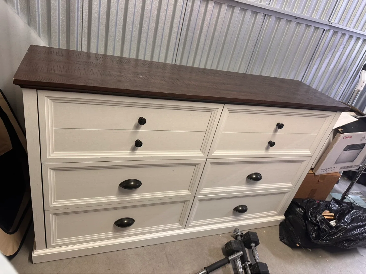 White Six Drawer Dresser with Dark Wood Top