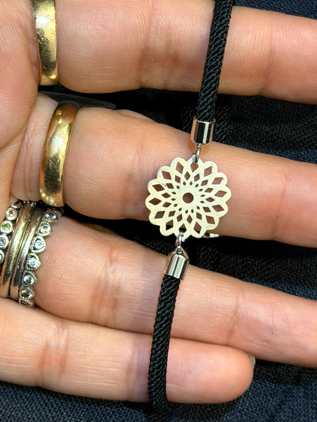 Black Cord Bracelet with Silver Flower Charm - photo 2