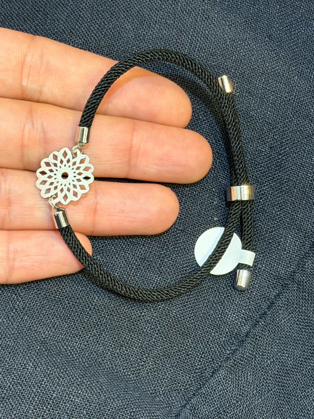 Black Cord Bracelet with Silver Flower Charm