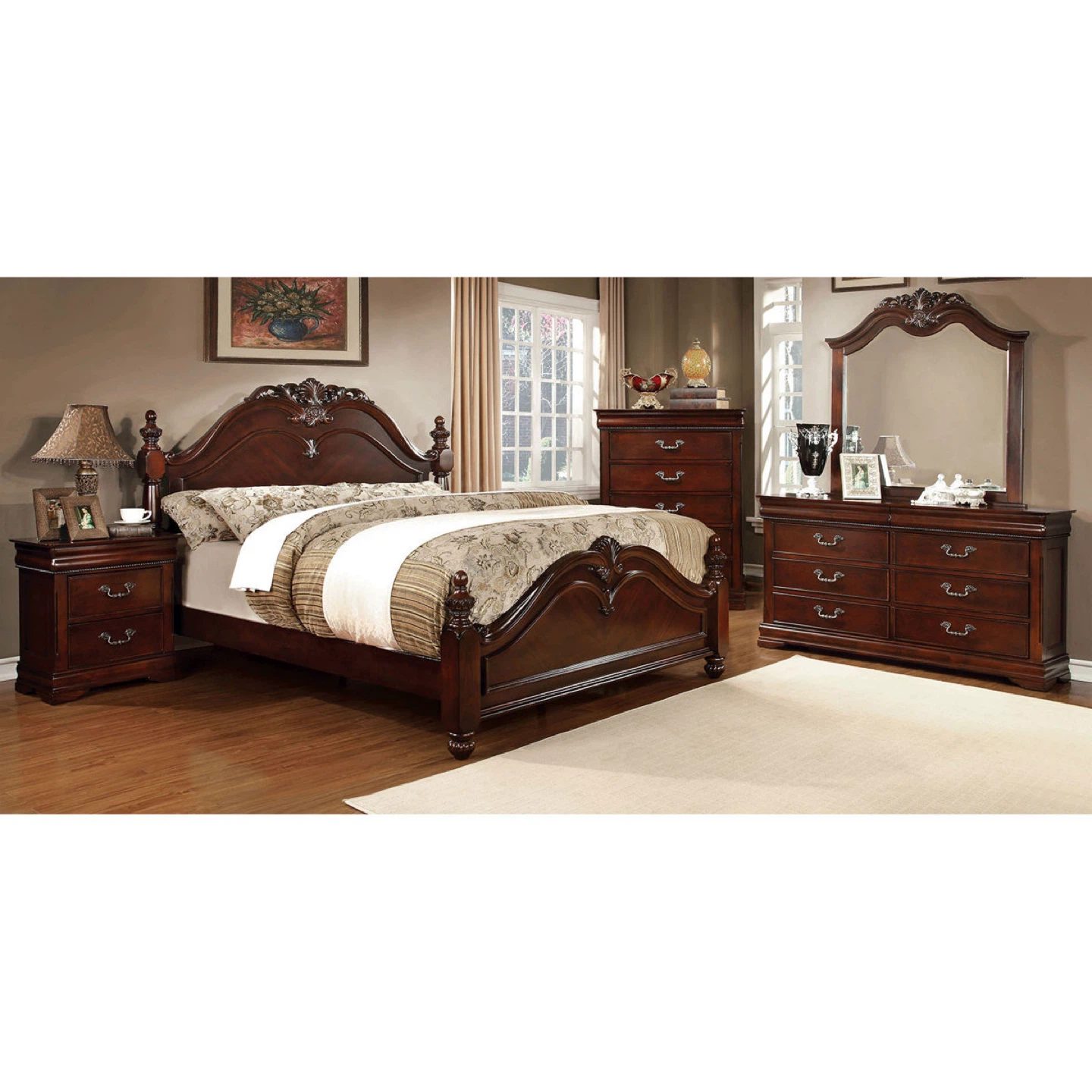 Wooden Bedroom Set with Bed, Dresser, 2 nightstand and Mirror