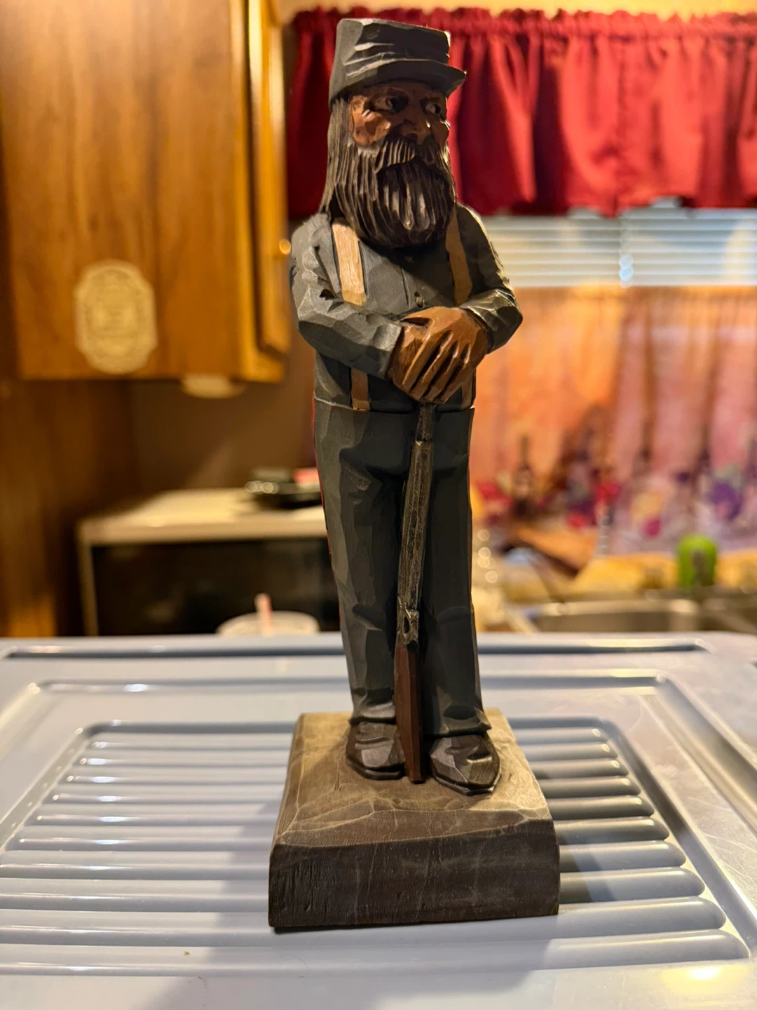 Hand Carved Wooden Figure of a Man with Rifle - photo 3