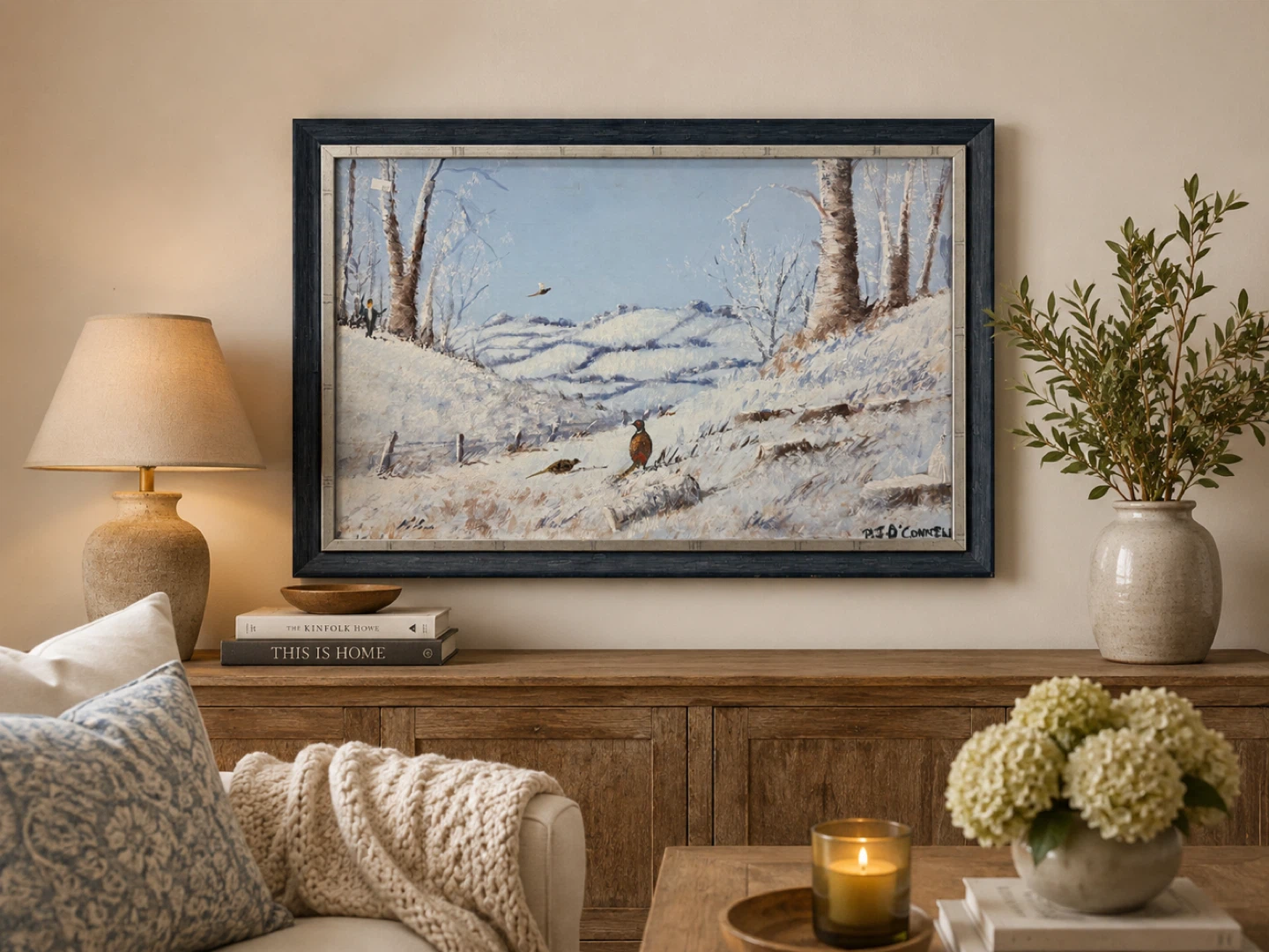 Vintage Winter Pheasant Landscape Oil Painting by P.J. O'Connell