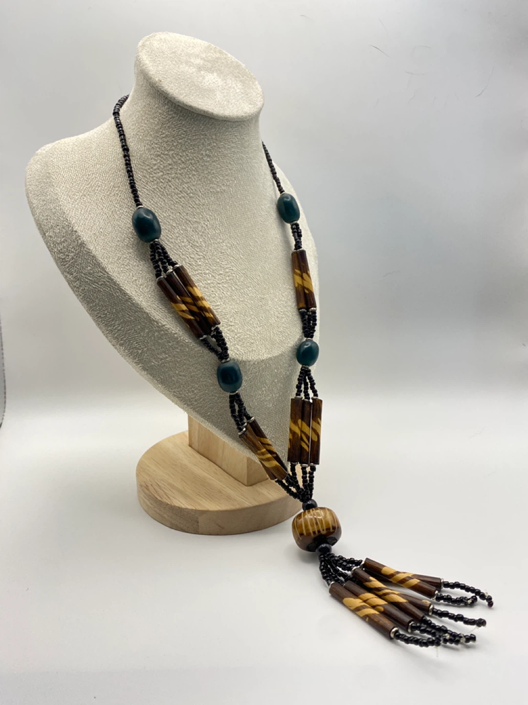 Beaded Necklace with Wood and Green Stone Beads