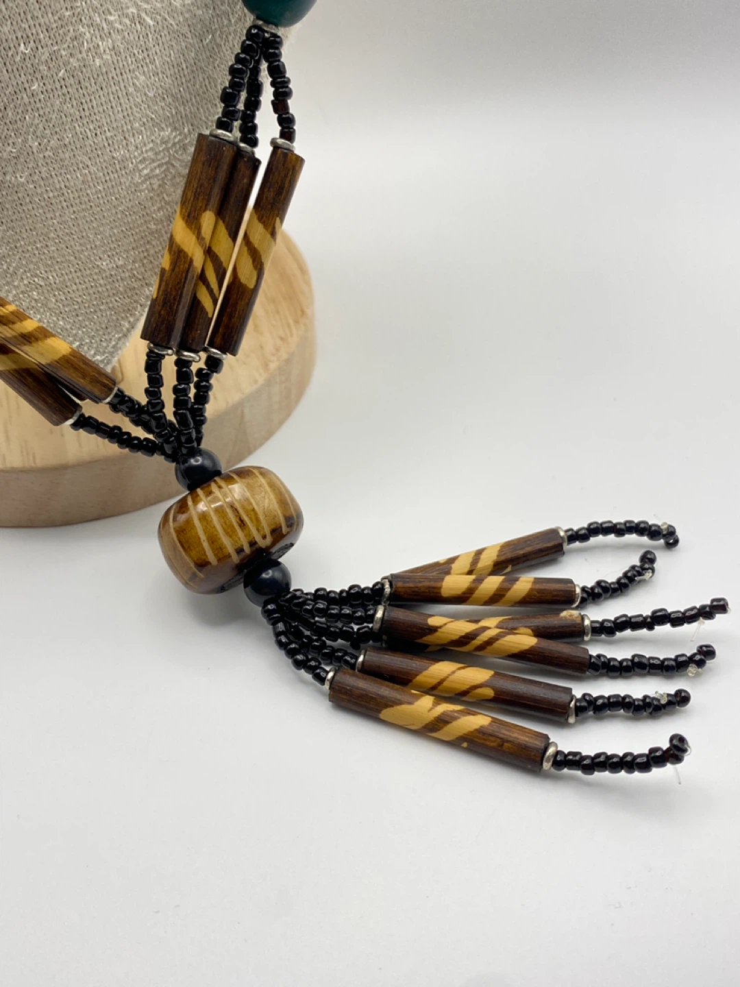 Beaded Necklace with Wood and Green Stone Beads - photo 5