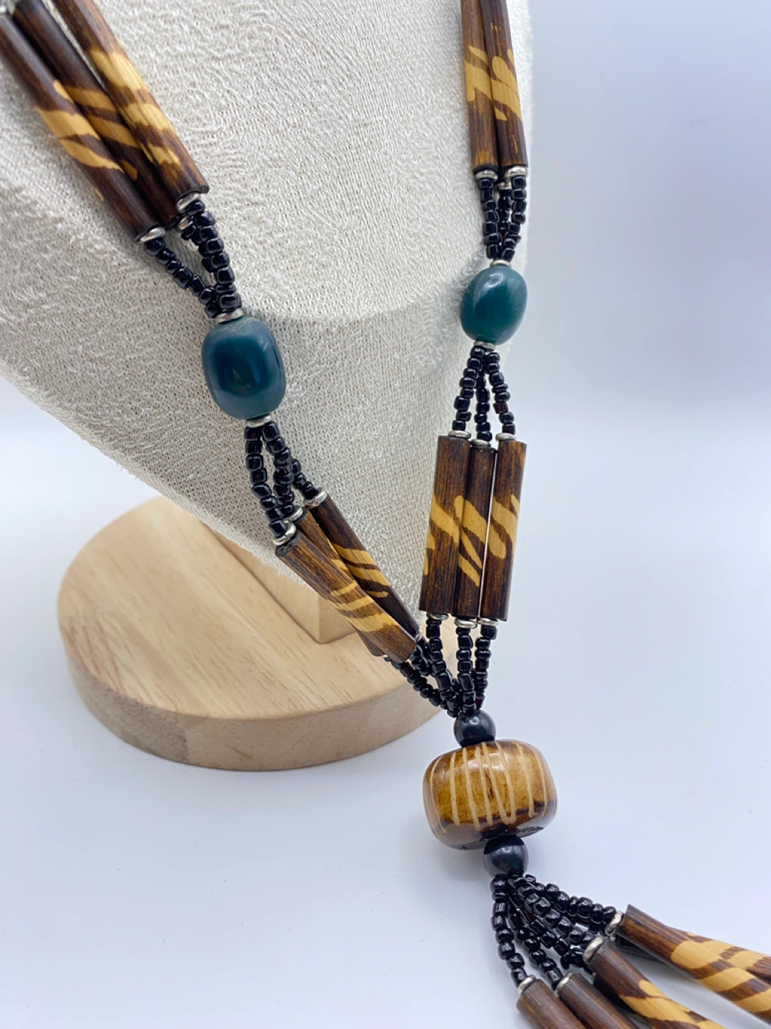 Beaded Necklace with Wood and Green Stone Beads - photo 2