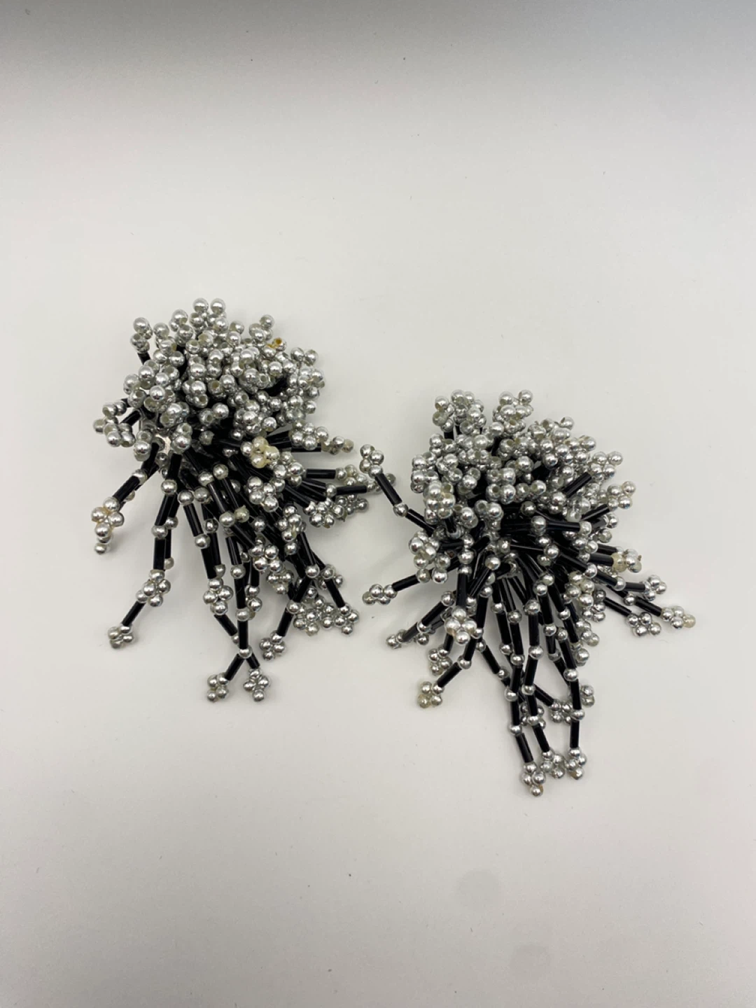 Beaded Clip-On Earrings - Silver and Black