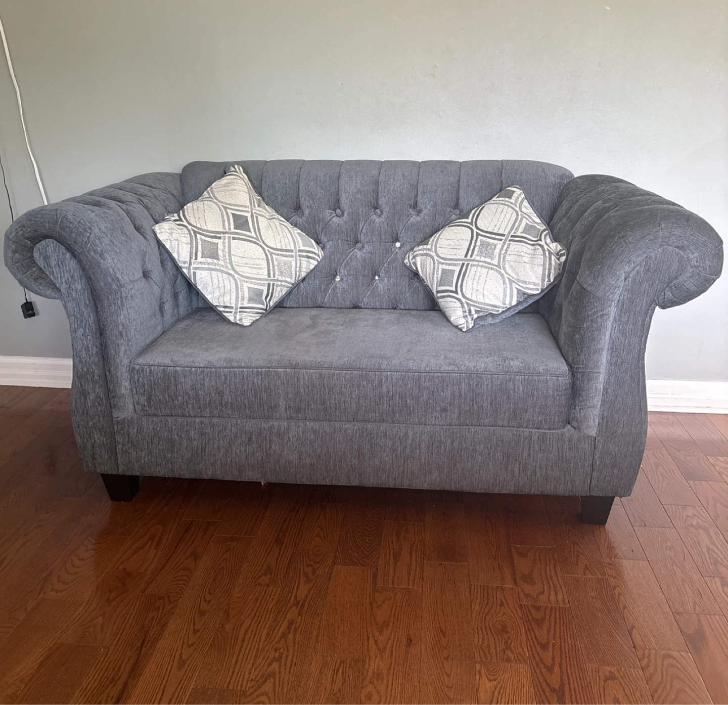 Grey Tufted Sofa with Rolled Arms