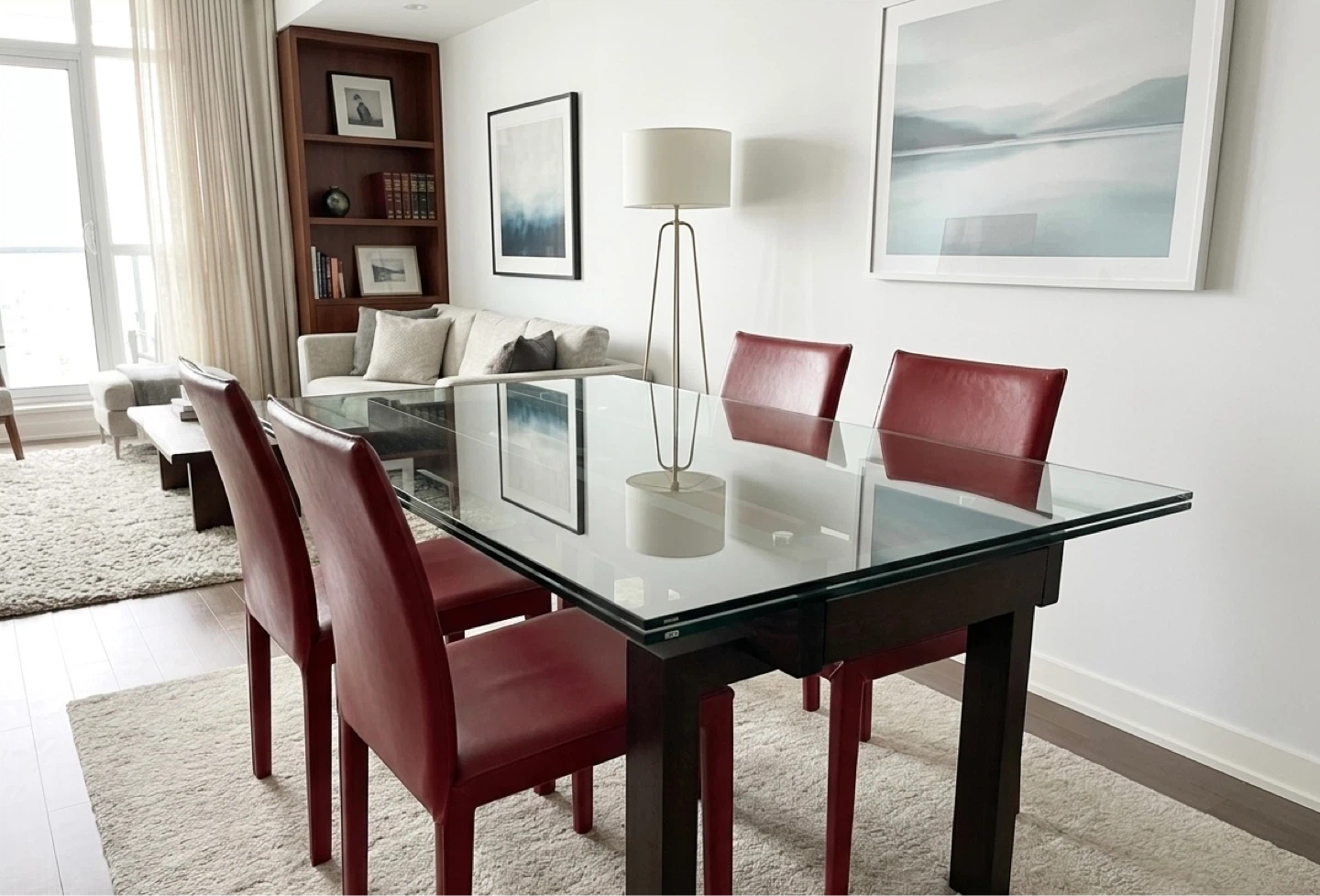 Glass Dining Table with 4 Red Leather Chairs
