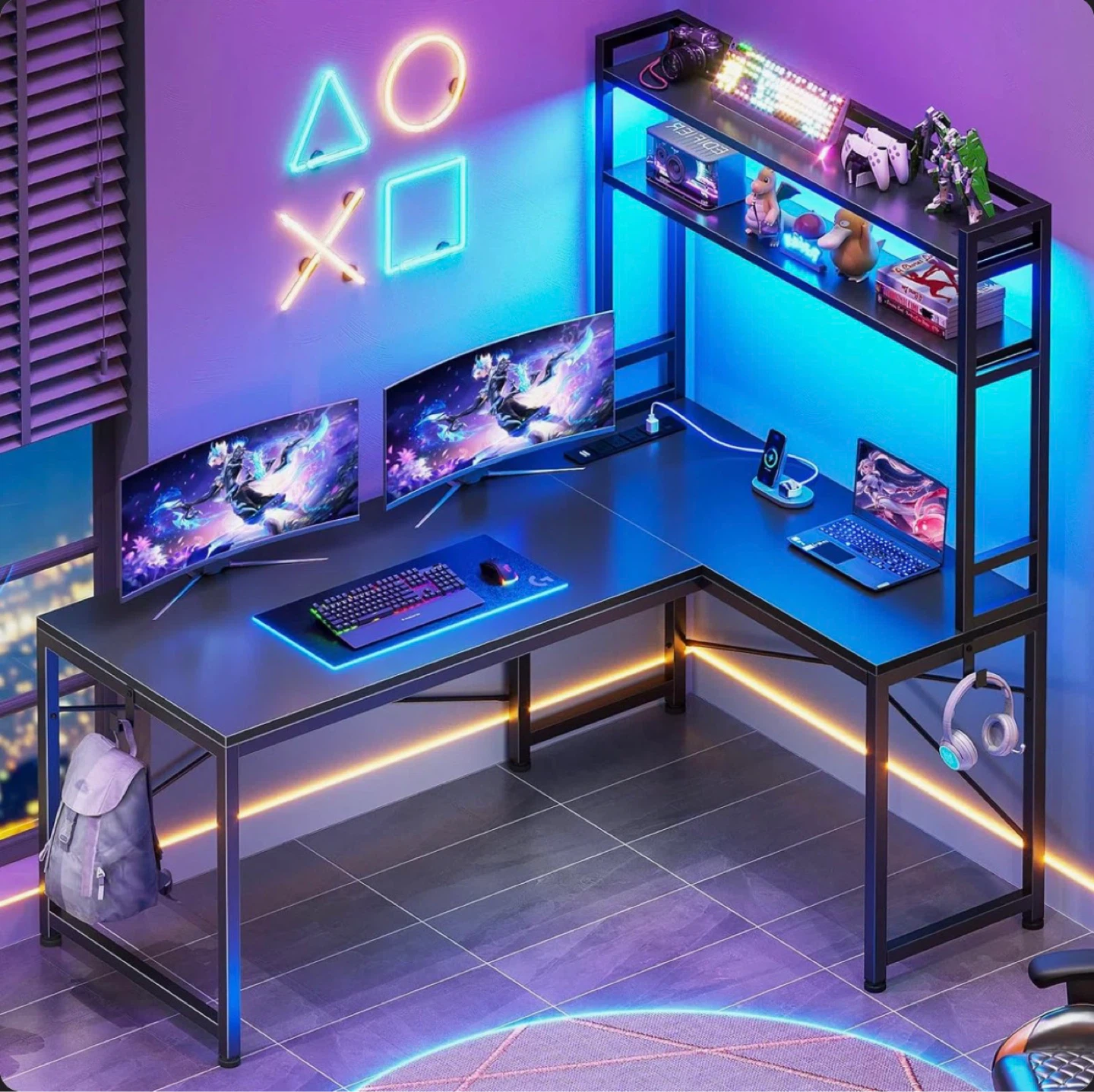 L-Shaped Computer Desk with Built-in Power