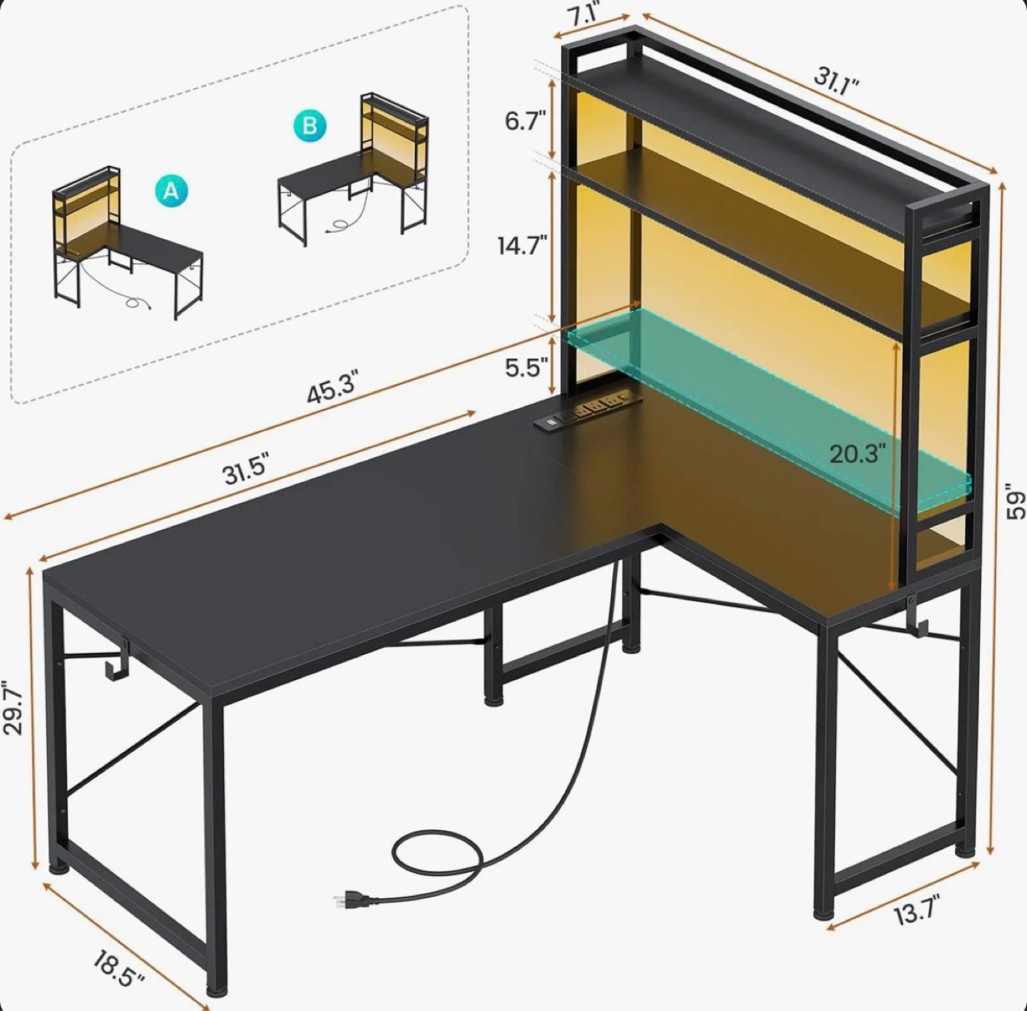 L-Shaped Computer Desk with Built-in Power - photo 3