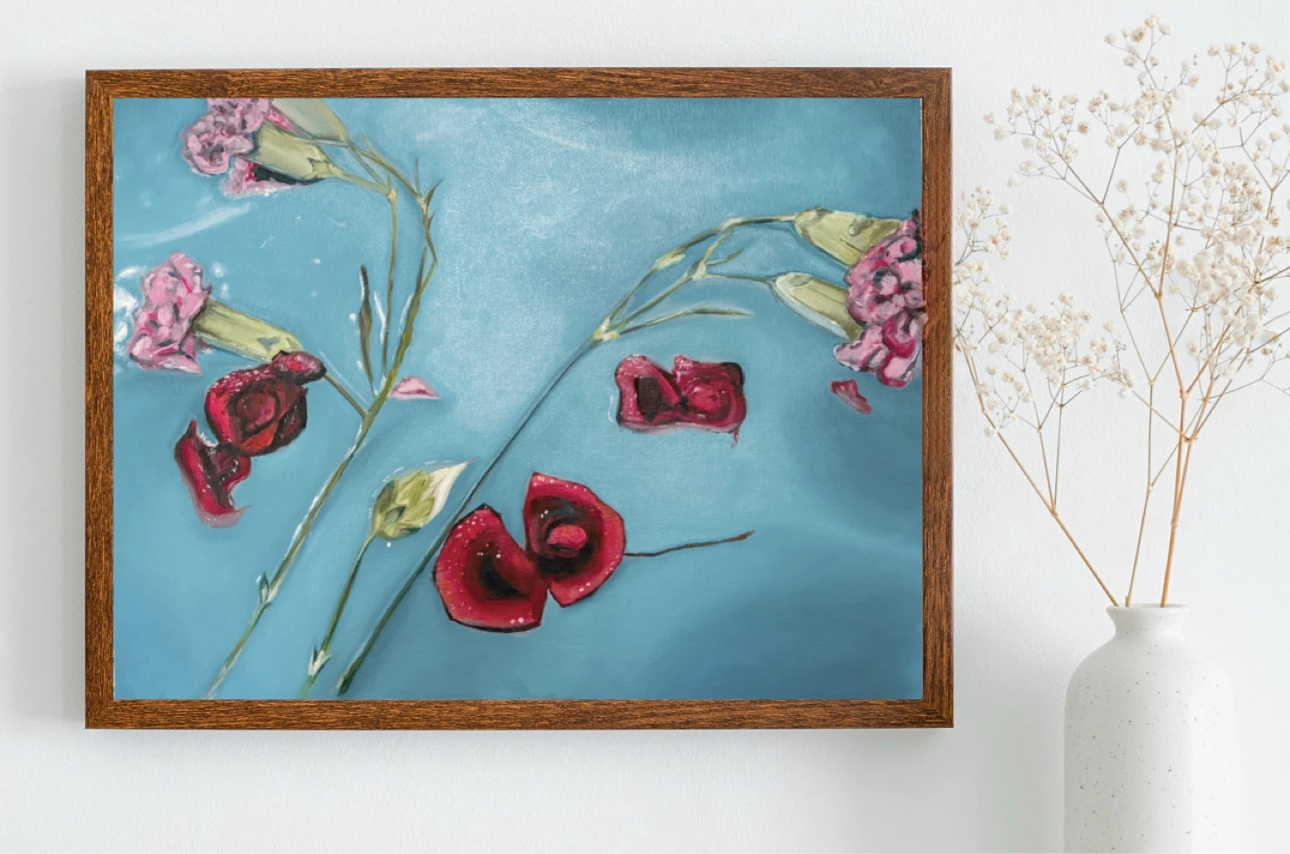 ORIGINAL Framed Painting of Flowers in Blue Water