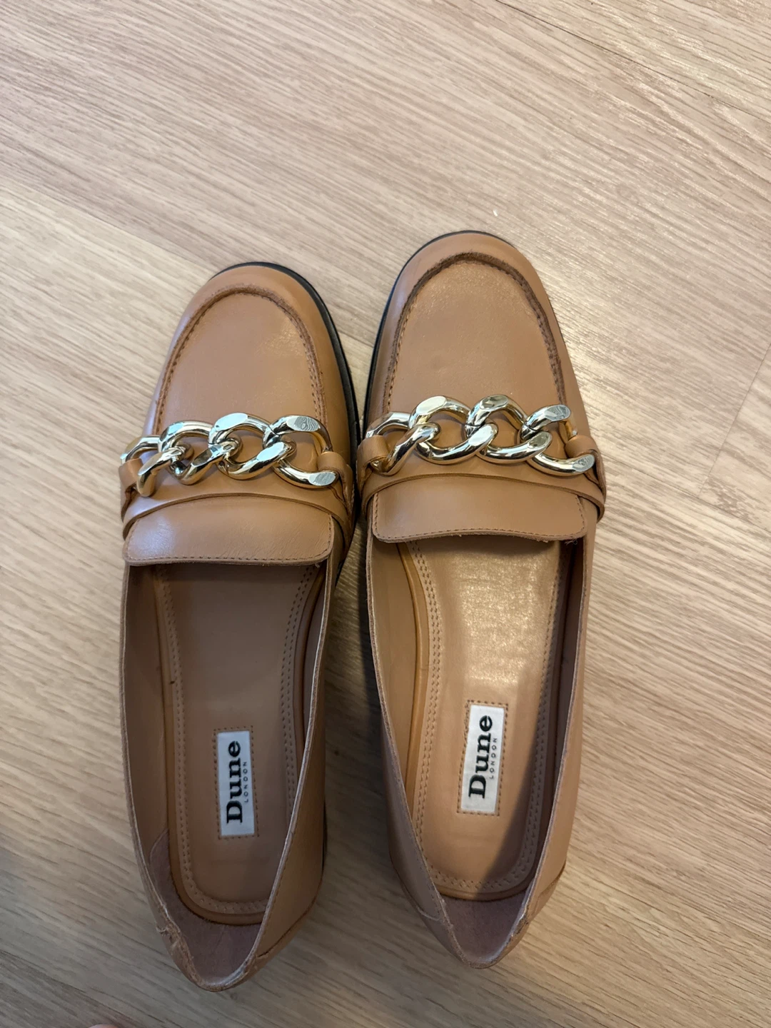 Dune London Women's Tan Loafers with Gold Chain Detail