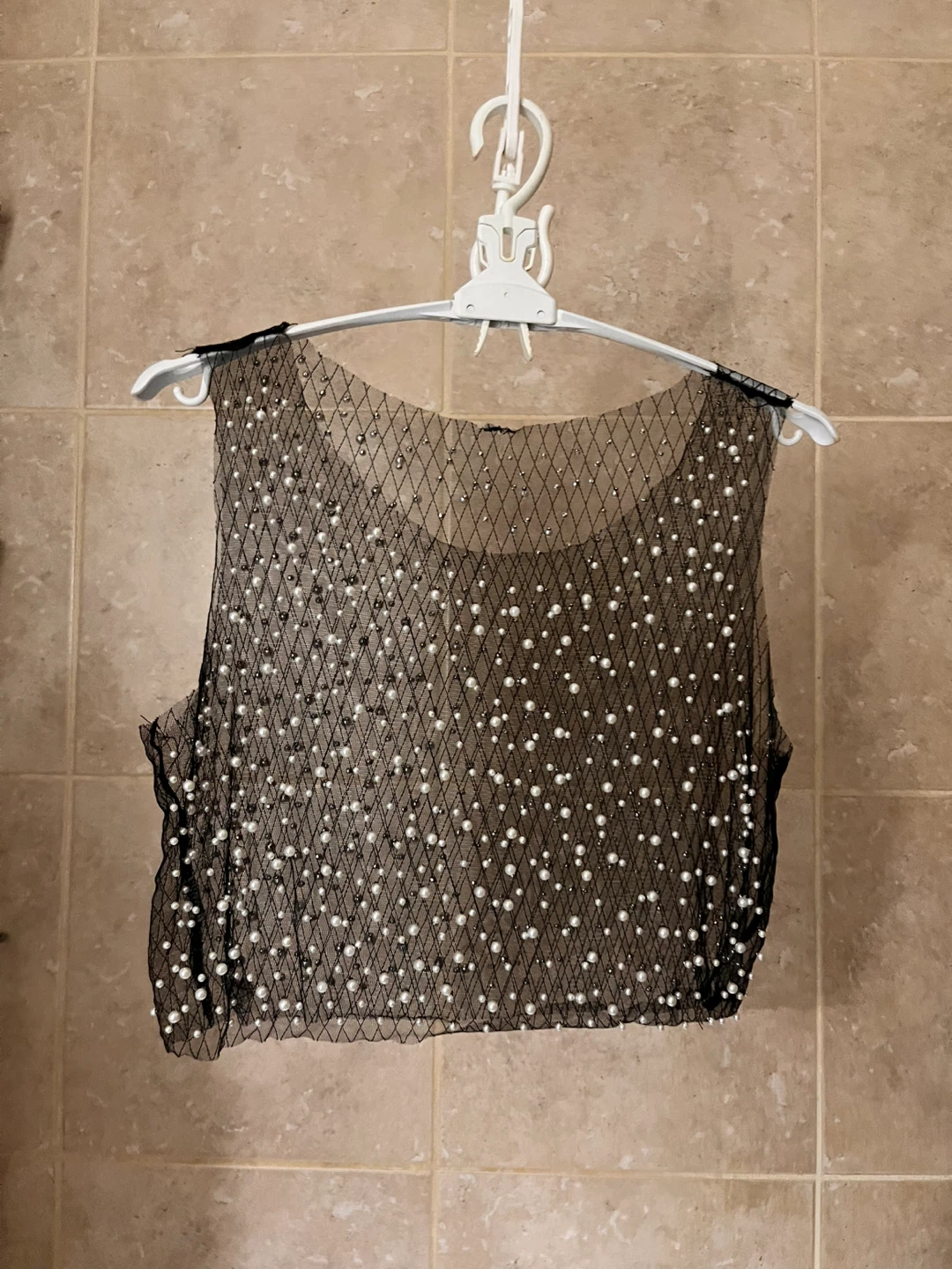 Black Mesh Pearl Embellished Sleeveless Top
