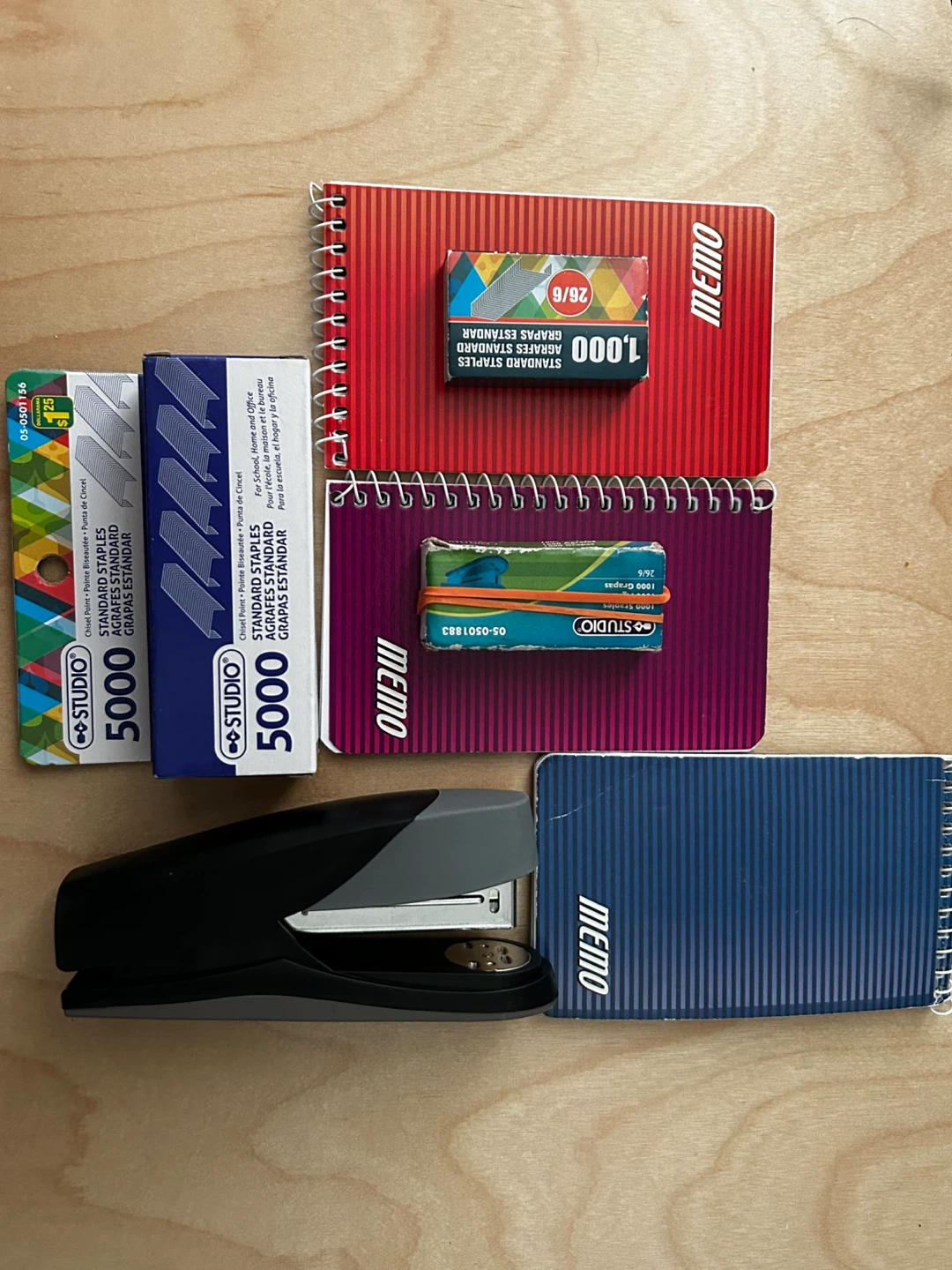 Scientific calculator, stapler, pins n note