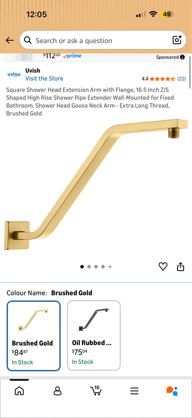 Uvish Brushed Gold Square Shower Head Extension Arm
