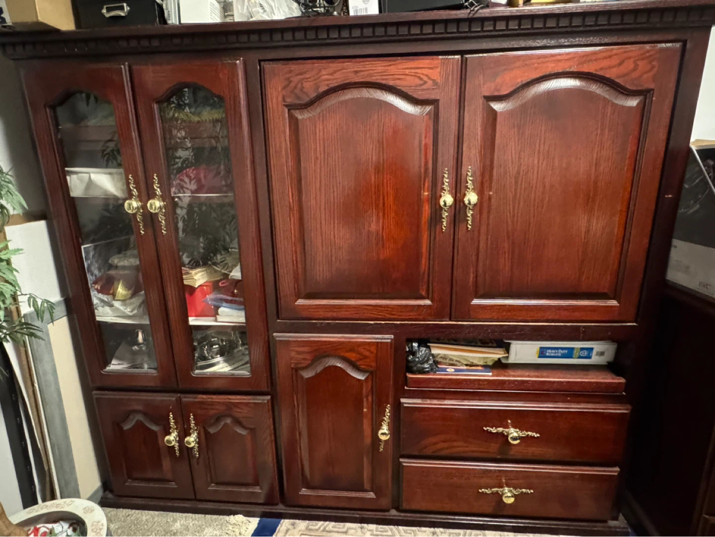 Oak Wood Cabinet Hutch with Glass Doors