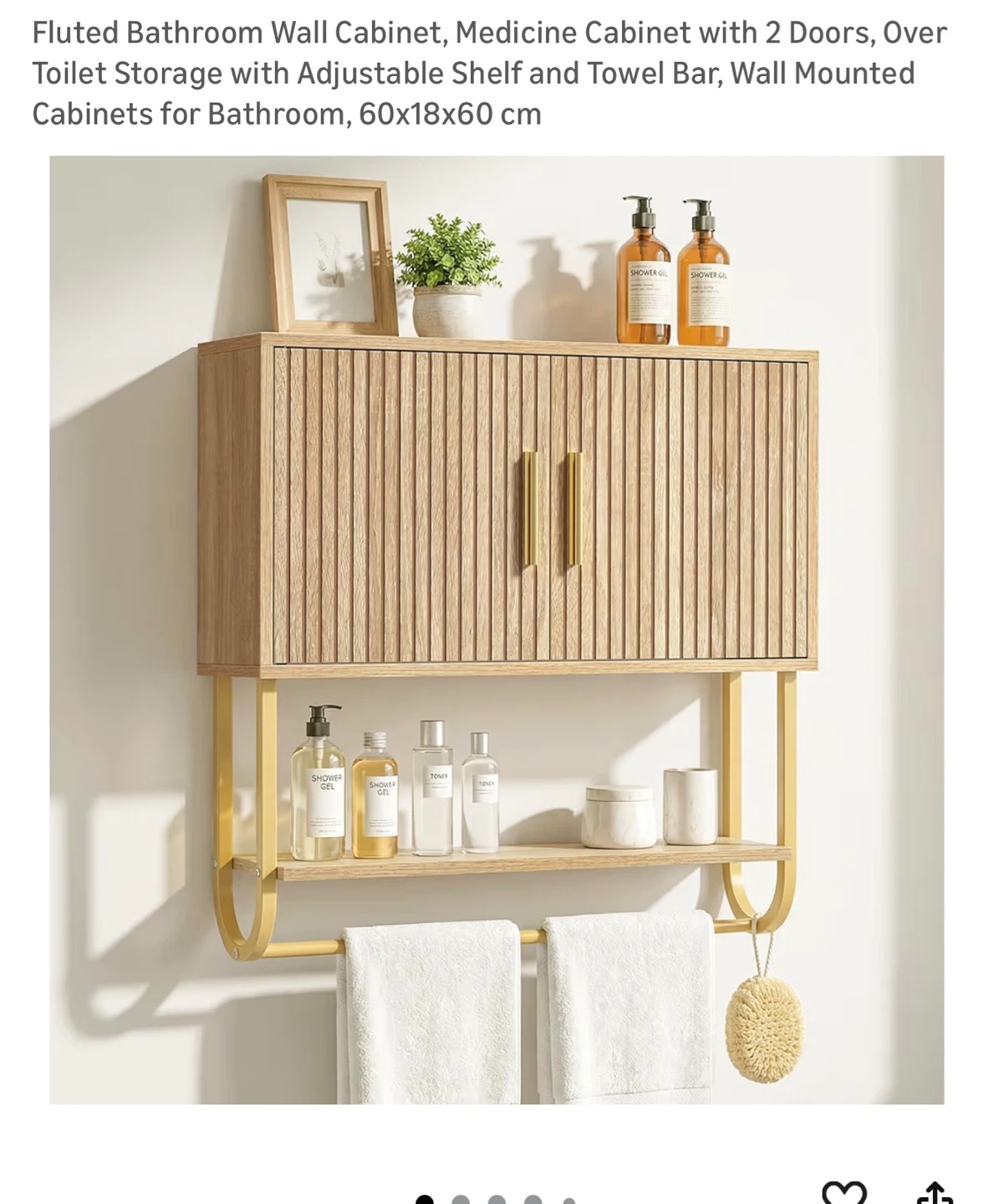 Fluted Bathroom Wall Cabinet with Towel Bar - 60x18x61 cm