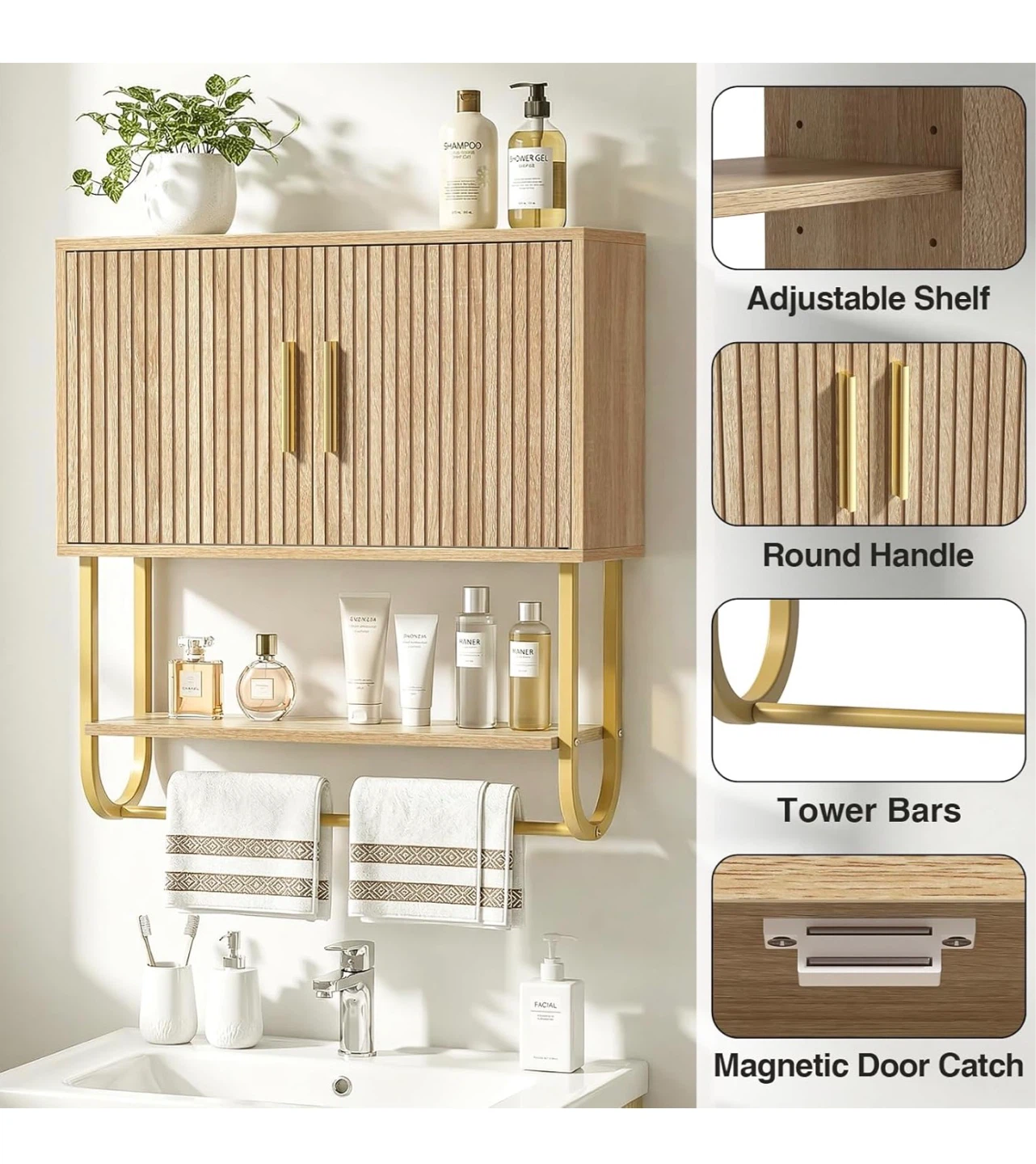 Fluted Bathroom Wall Cabinet with Towel Bar - 60x18x61 cm - photo 4