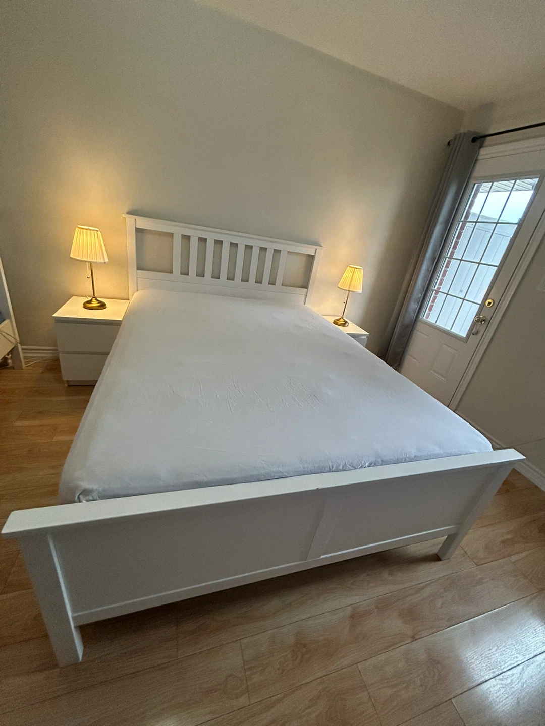 IKEA- White Wooden Bed Frame with side table and nightstands