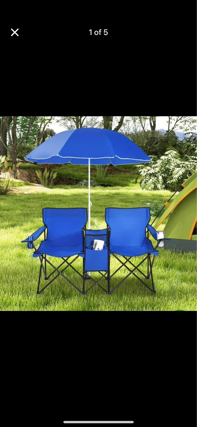 Blue Double Camping Chair with Umbrella