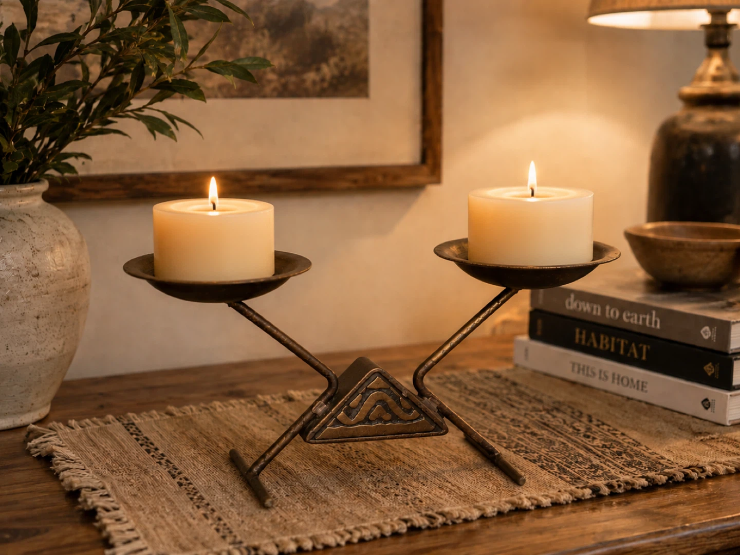 Vintage bronze Metal Two-Candle Candelabra
