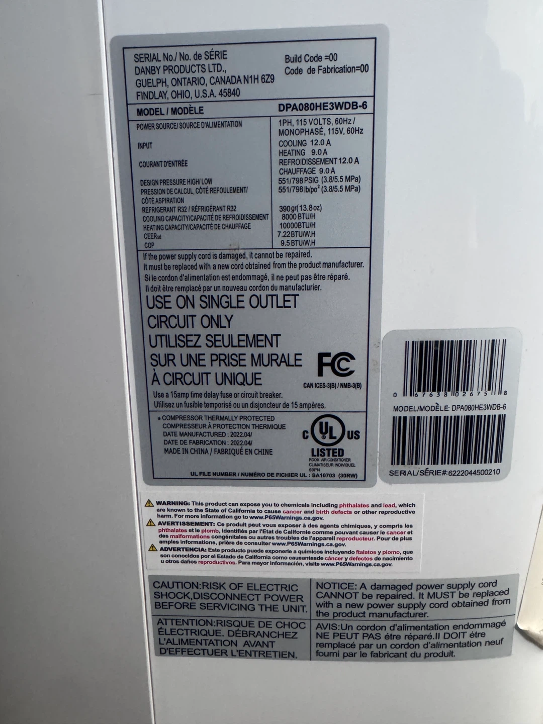 Danby DPA080HE3WDB-6 Portable Air Conditioner