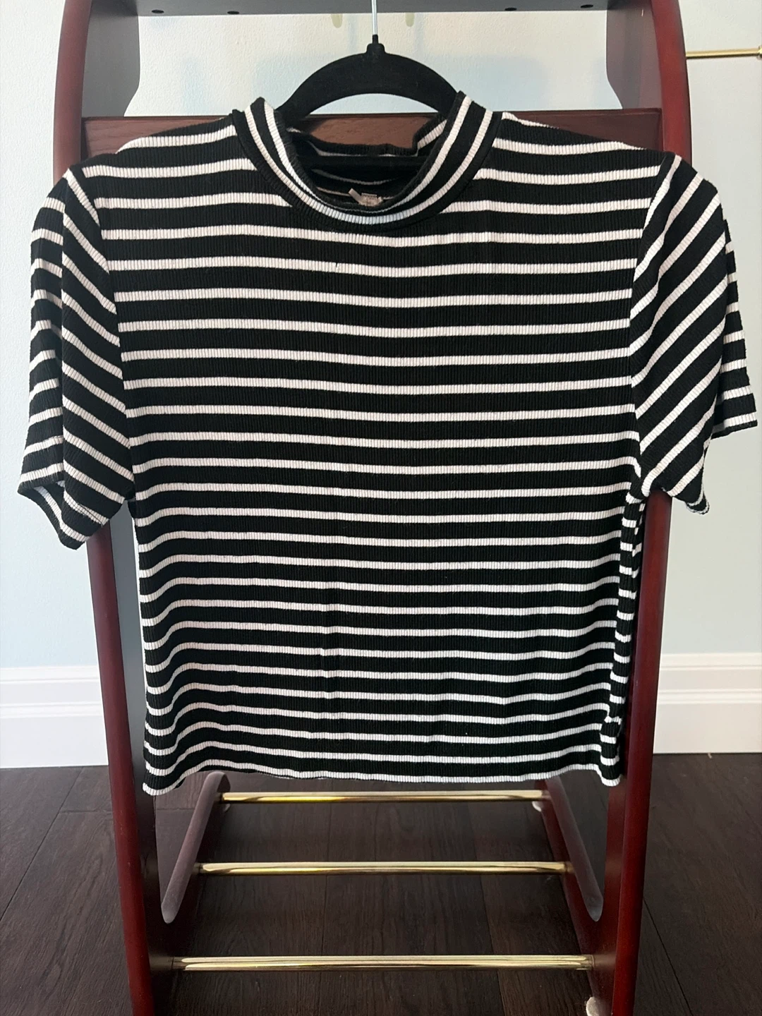 Black and White Striped Mock Neck Top