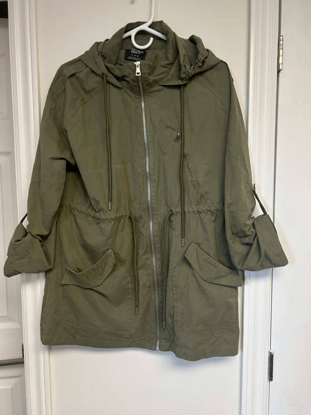 Olive Green Hooded Utility Jacket with Drawstring Waist