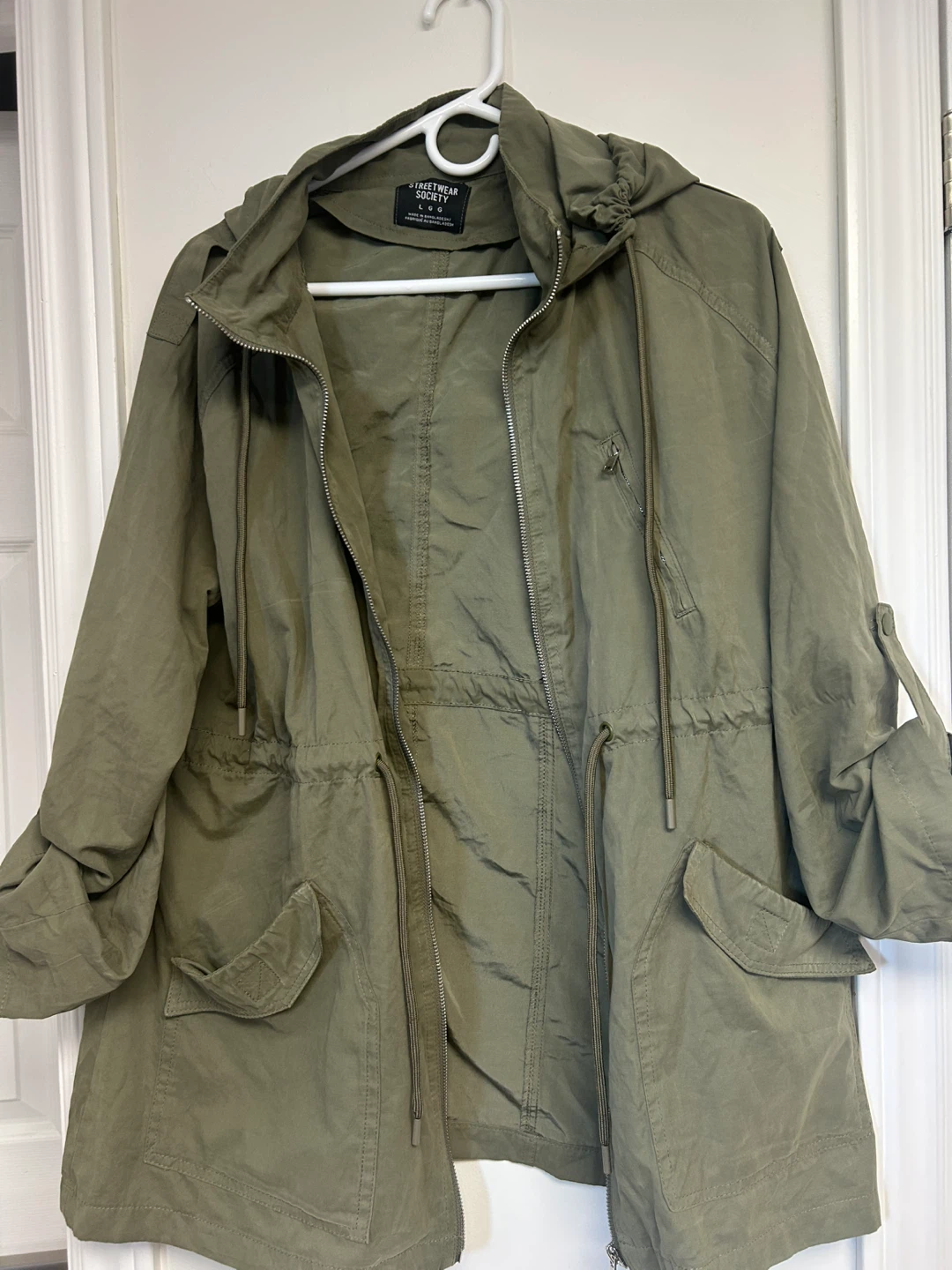 Olive Green Hooded Utility Jacket with Drawstring Waist - photo 4