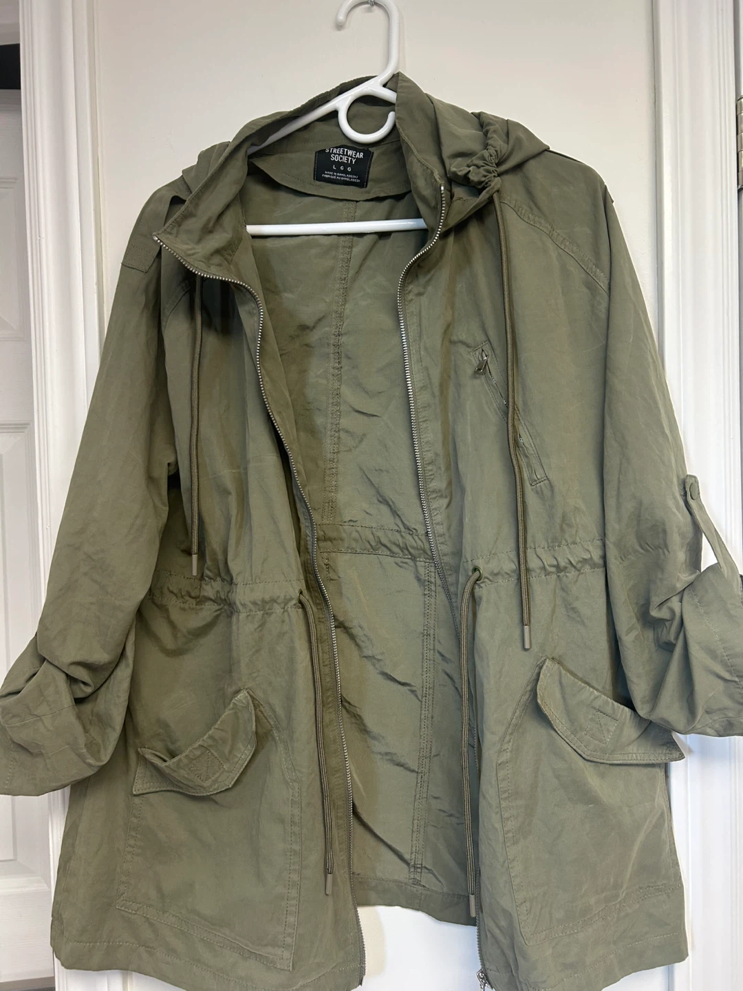 Olive Green Hooded Utility Jacket with Drawstring Waist - photo 3