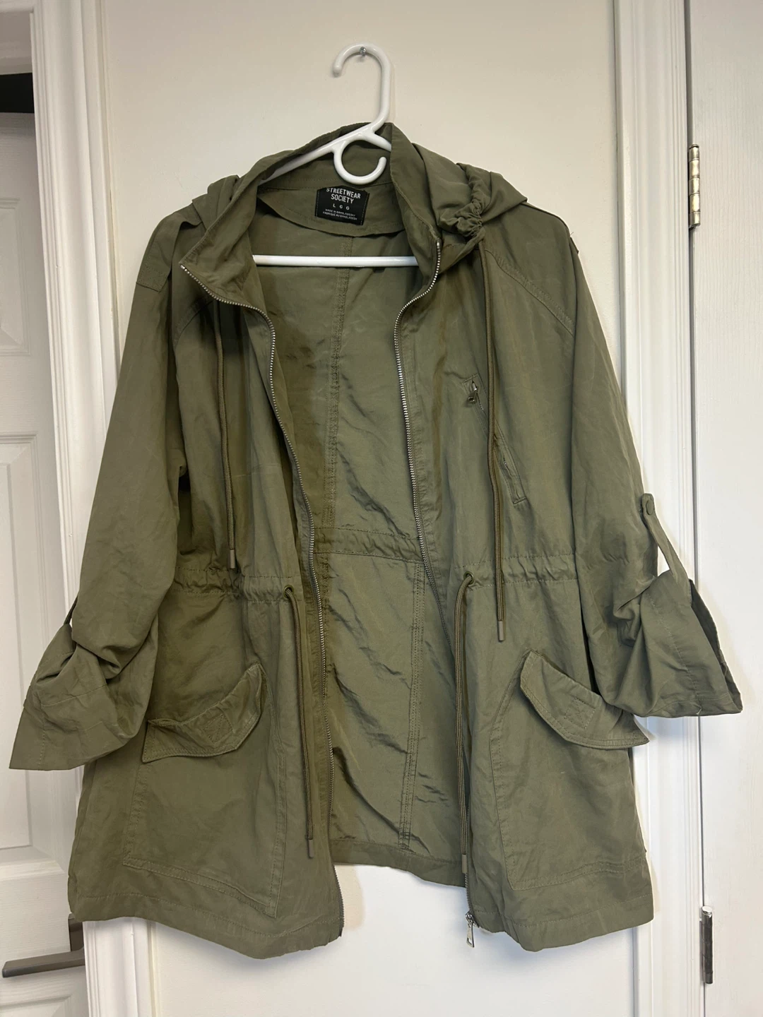 Olive Green Hooded Utility Jacket with Drawstring Waist - photo 5